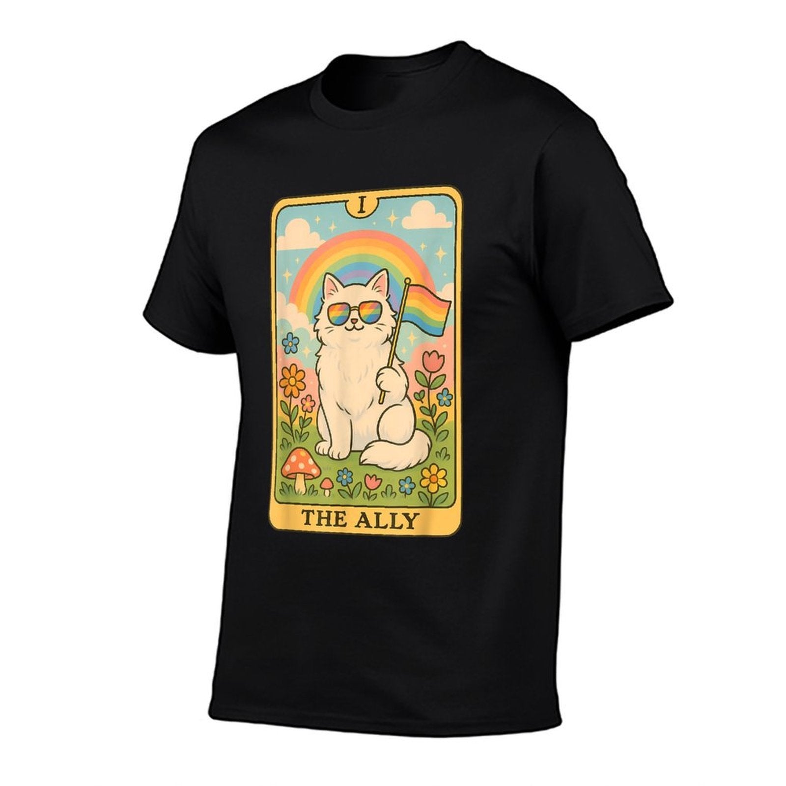 Funny Ally Cat Tarot Card Pride Sunglasses Gay Pride LGBTQ  Summer-ready Fabric T-Shirt