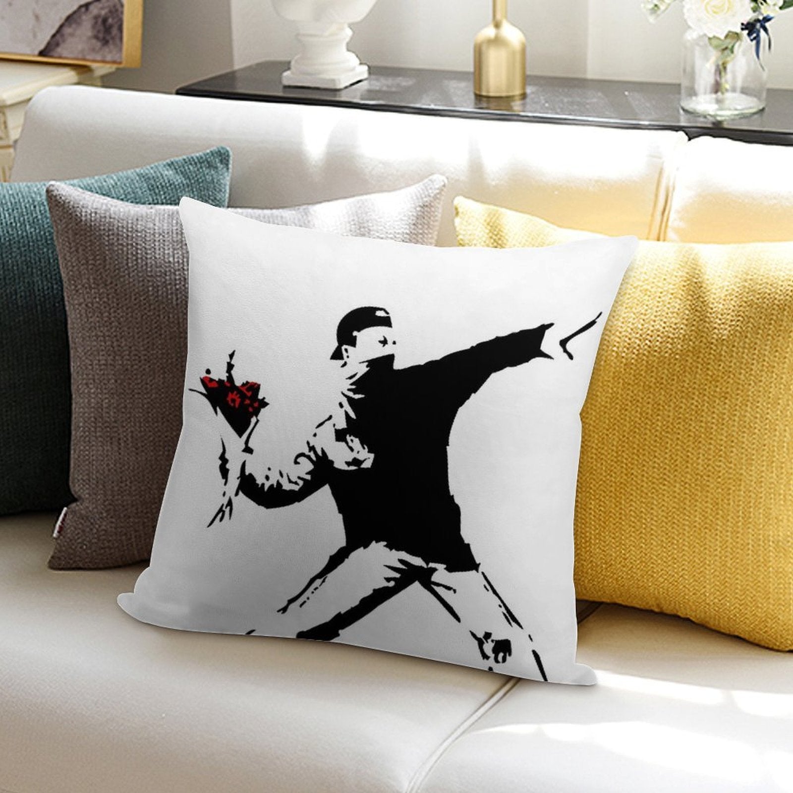 Banksy Flower Thrower! Soft High-Density Material Throw Pillow