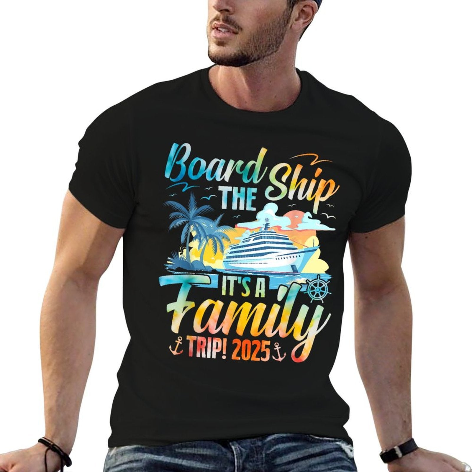 Board The Ship It's A Family Trip 2025 Group Matching Cruise  Ribbed Collar T-Shirt