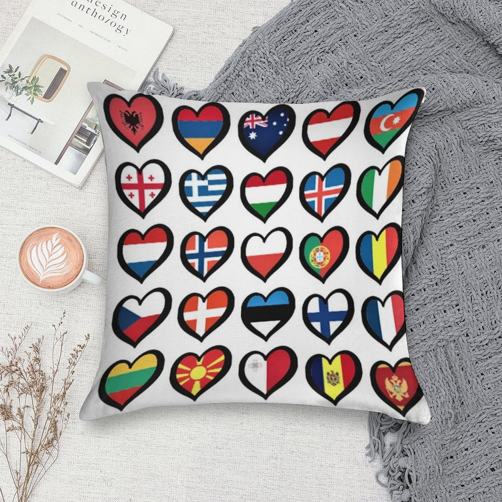 Eurovision Song Contest Flags Hearts ESC EBU Eurofans Soft Hidden Zipper Throw Pillow