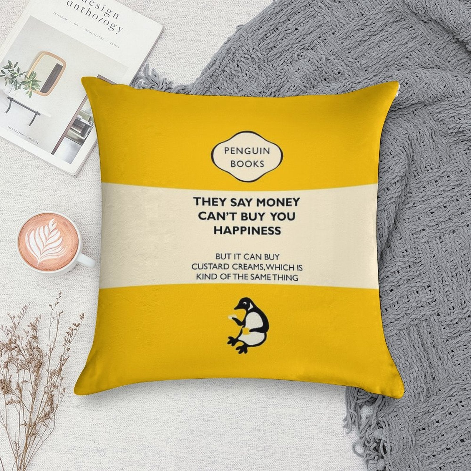 Custard Creams - Parody Penguin Book Cover Soft Reinforced Edging Throw Pillow
