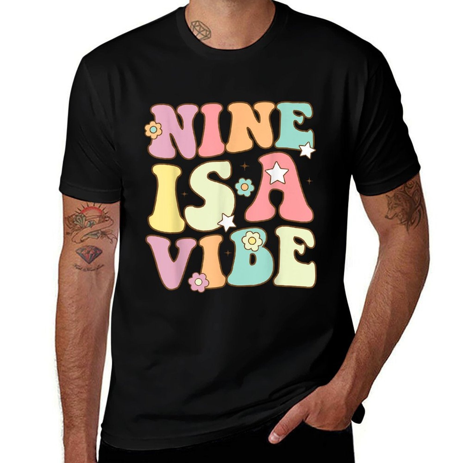 Nine Is A Vibe 9th Birthday Groovy Boys Girls 9 Years Old  High-quality Stitching T-Shirt