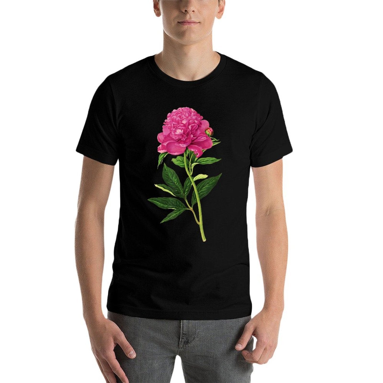 Vintage Botanical Print, Fuchsia Pink Peony  Polyester Blend T-Shirt