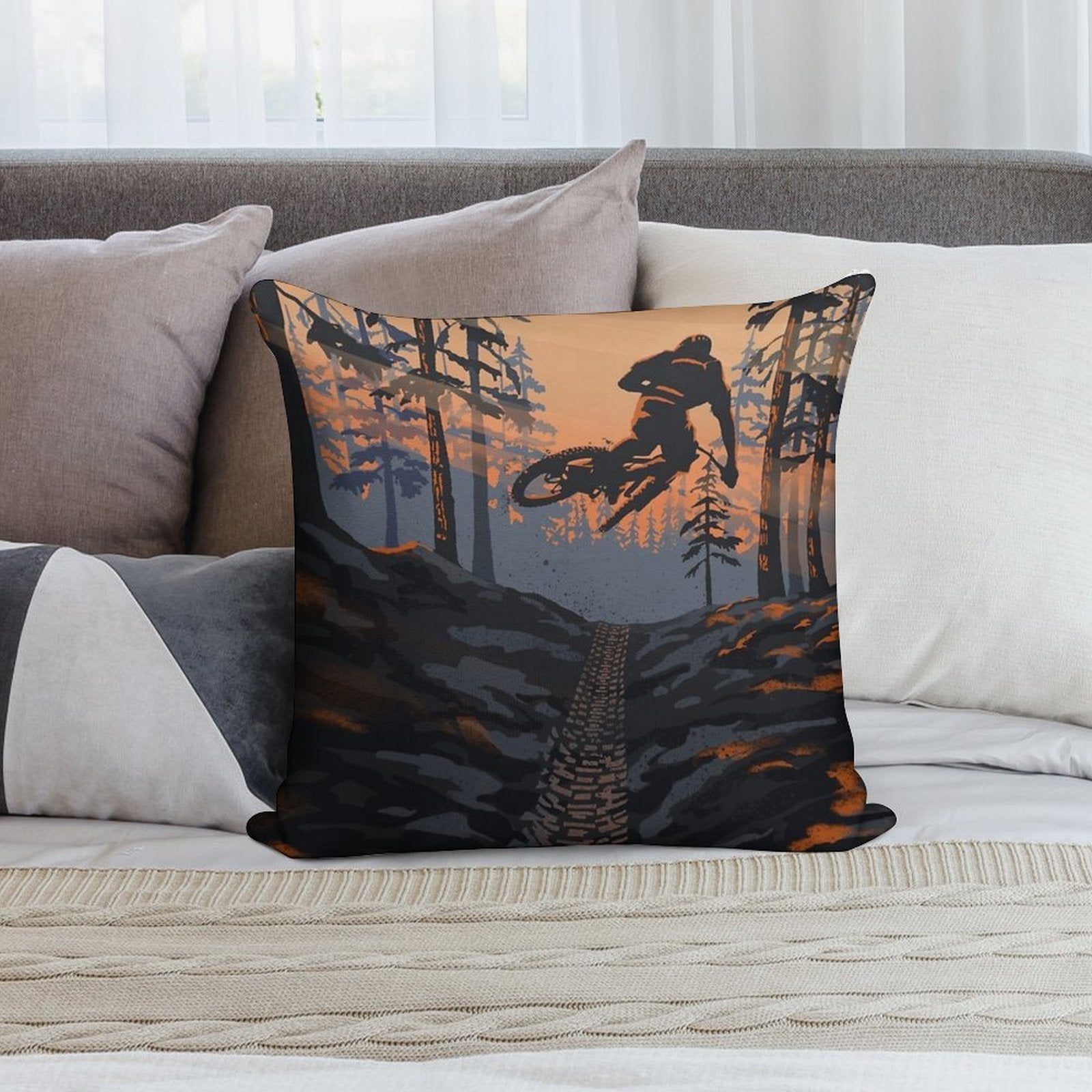 Retro Styled Mountain Biking Dirt Jumper Sunset Soft High-Density Material Throw Pillow