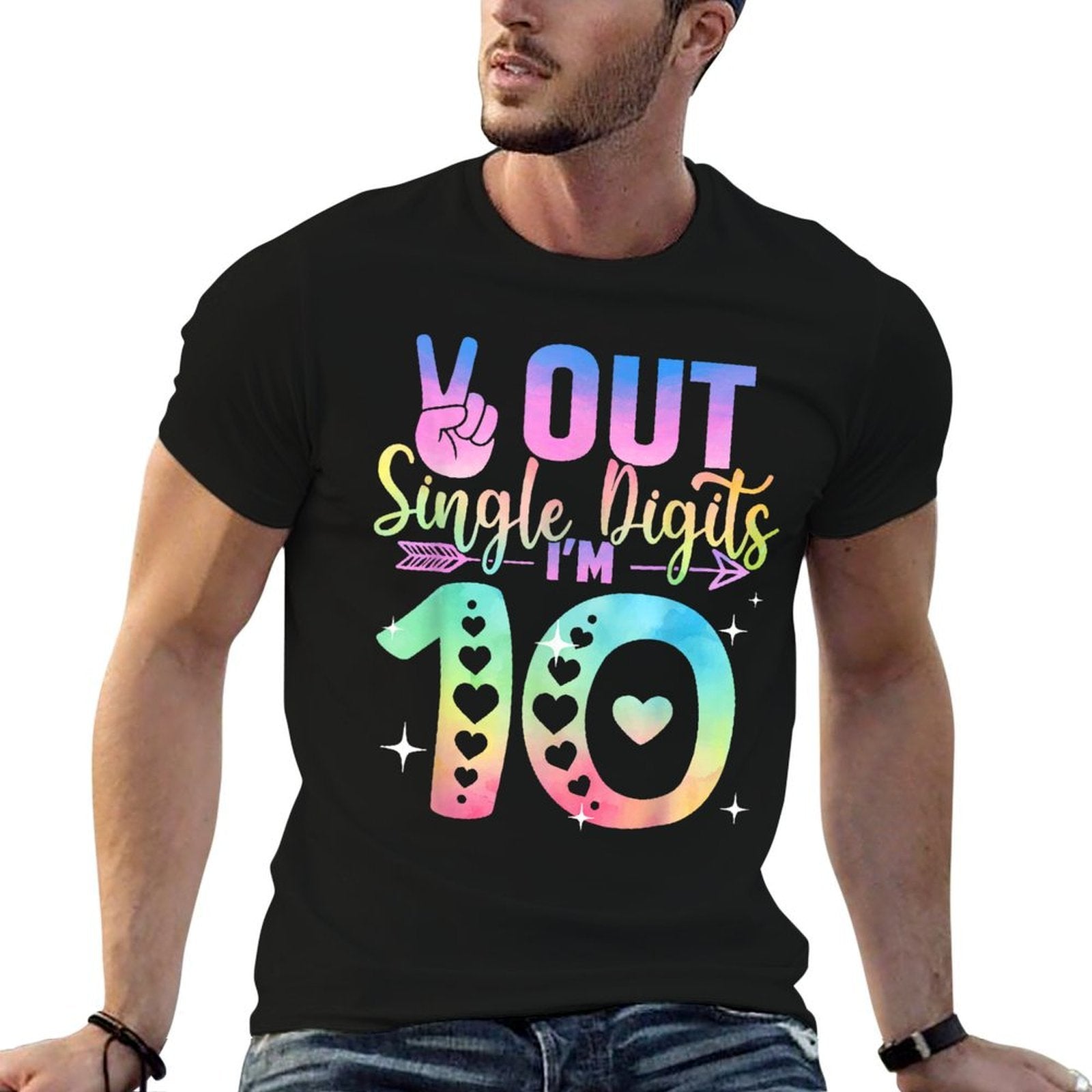 Peace Out Single Digits Tie Dye 10 Year Old Girl Birthday  Ribbed Collar T-Shirt