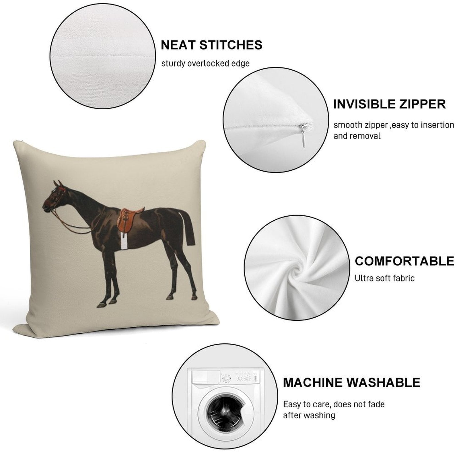 Vintage Equestrian Saddled Riding Horse Soft Anti-Pilling Throw Pillow