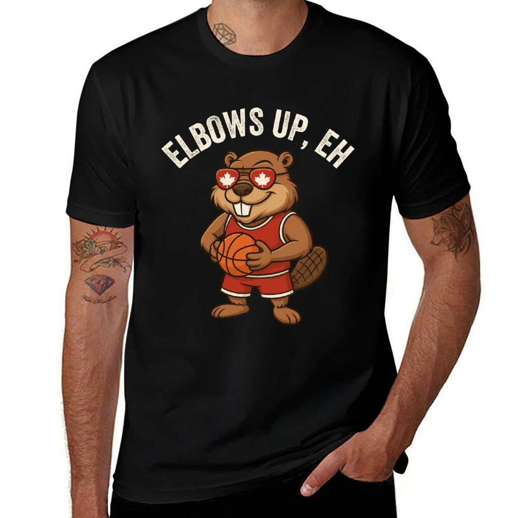 Elbows Up Eh Beaver Maple Leaf Funny Canada BasketBall  Stretchy T-Shirt