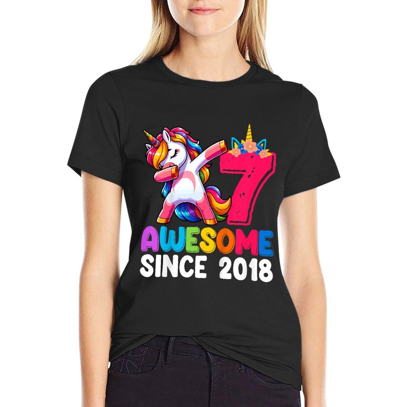 Kids Awesome Since 2018 Dabbing Unicorn Girls 7 Year Old Birthday  Rolled Sleeves T-Shirt