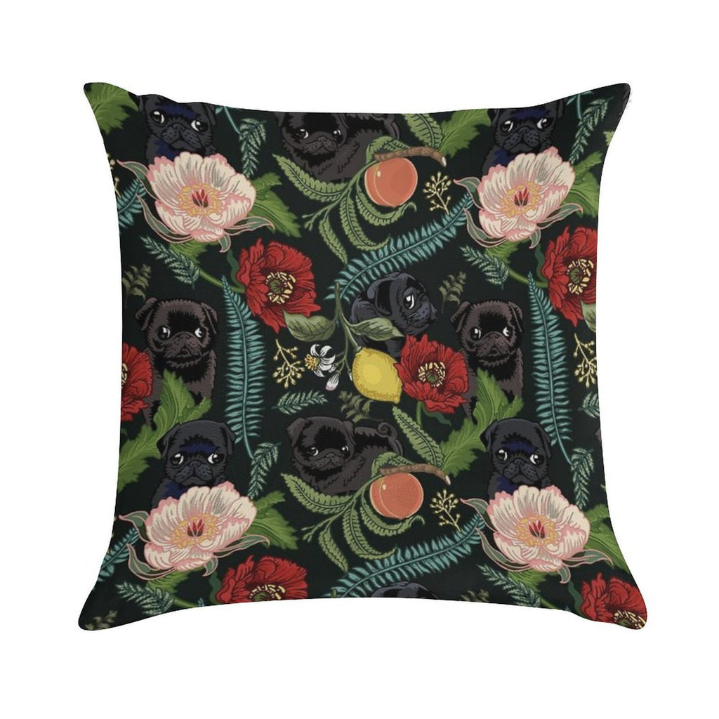 Botanical And Black Pugs Soft Warmth Comfort Throw Pillow