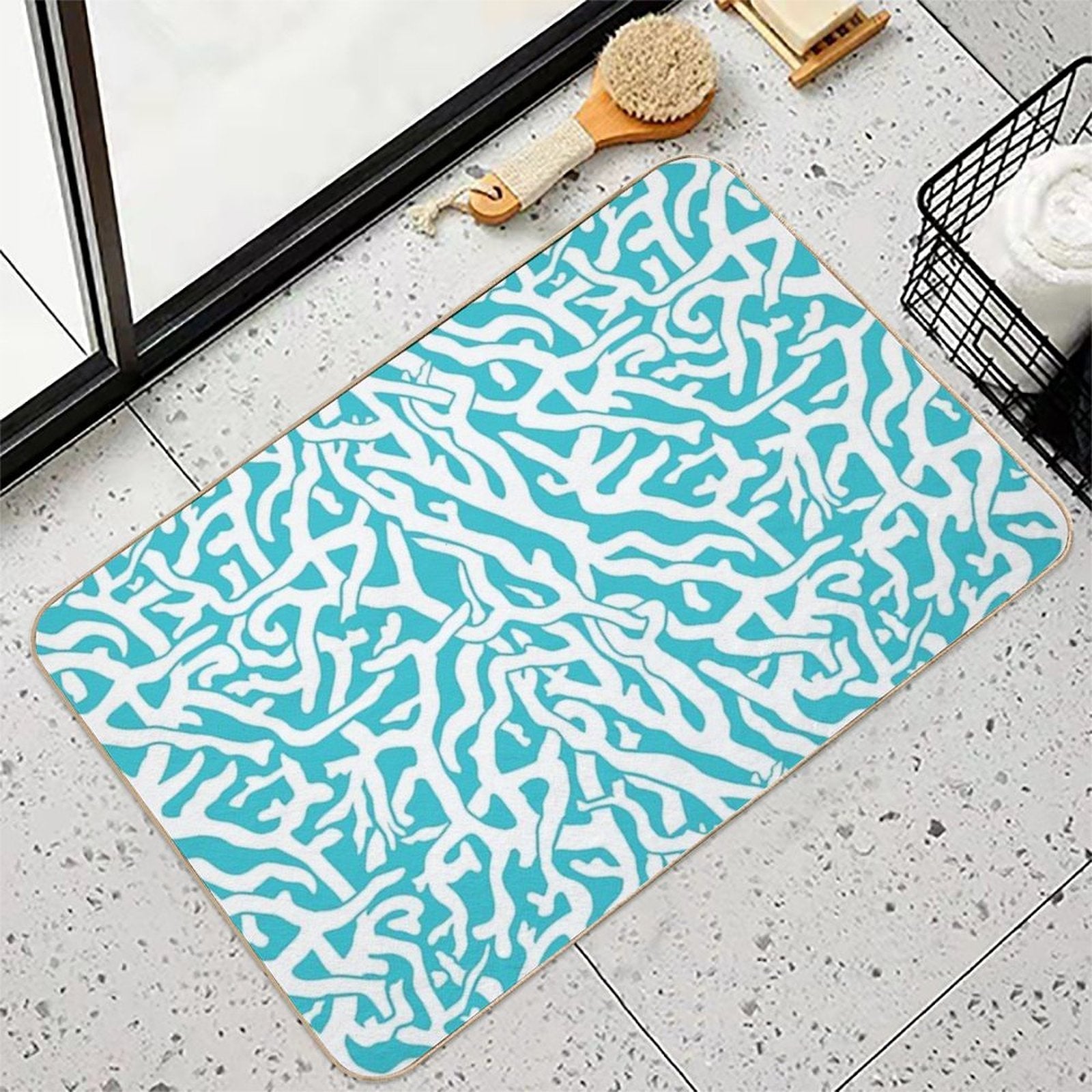 Coral Reef Pattern White Aqua Blue Beach  Absorbent Bath Mat