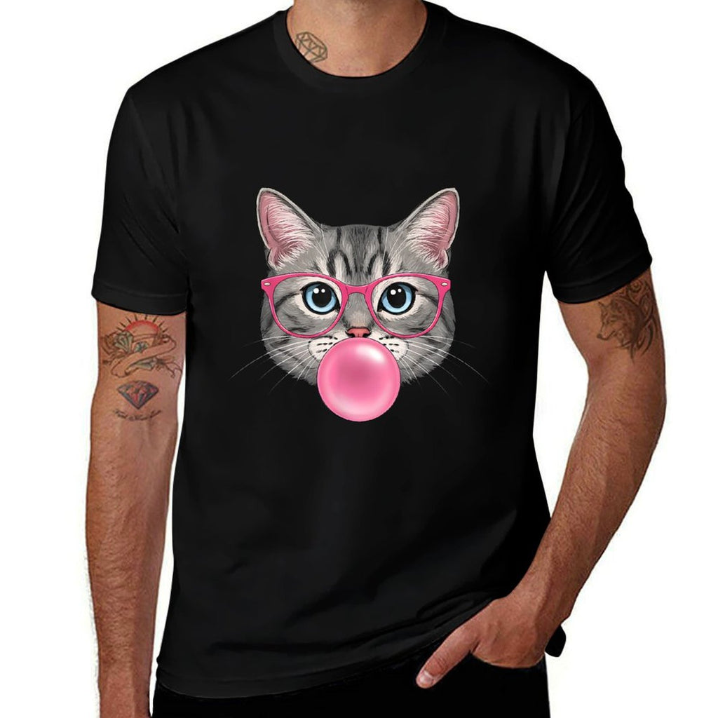 Cat with Glasses And Bubblegum  Cotton T-Shirt