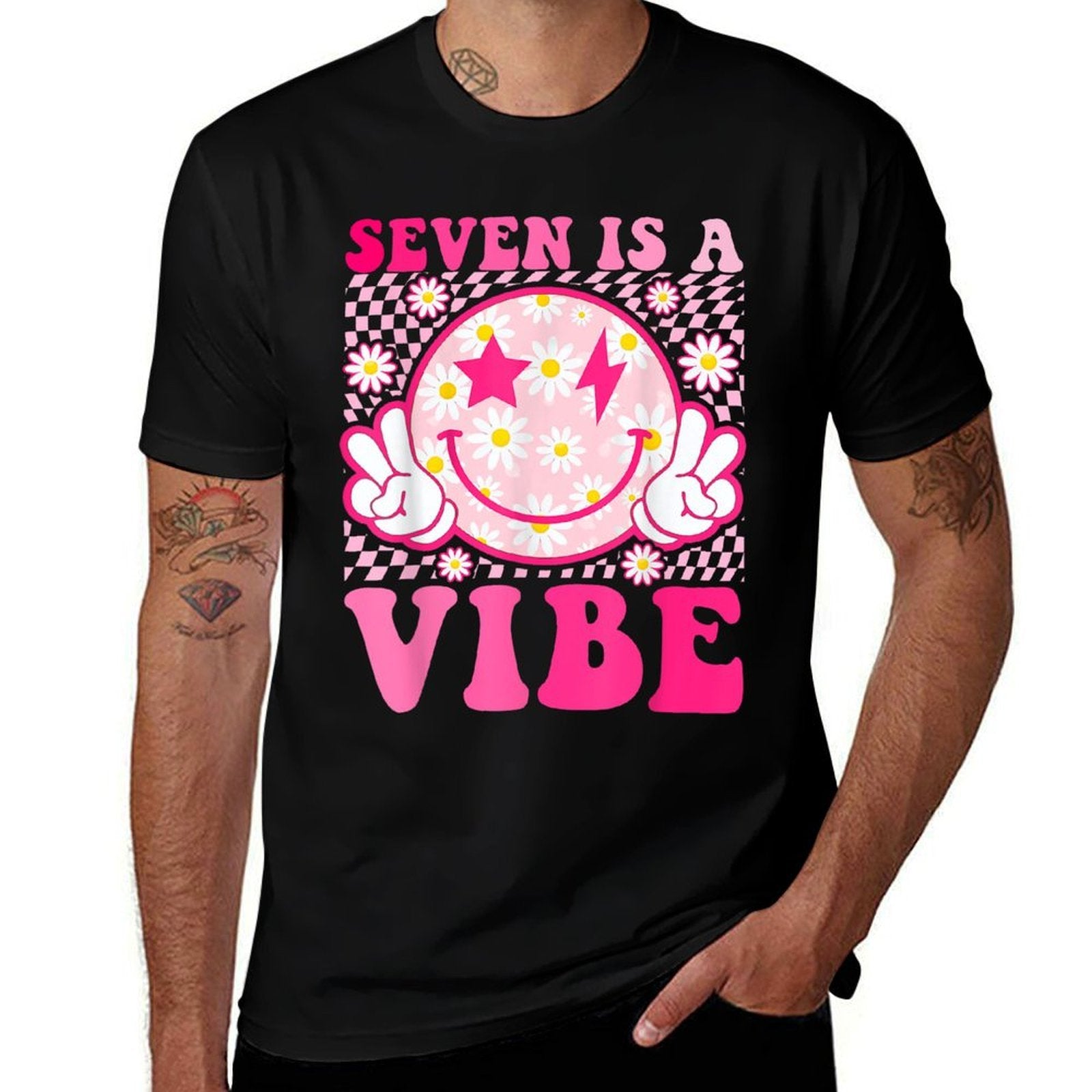 Seven Is A Vibe 7th Birthday Groovy 7 Years Old Smile Face  Summer-ready Fabric T-Shirt
