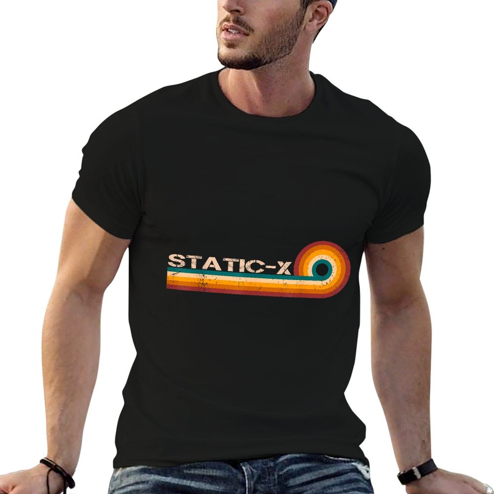 Static X Retro Stripes Musician Vintage  Ribbed Collar T-Shirt
