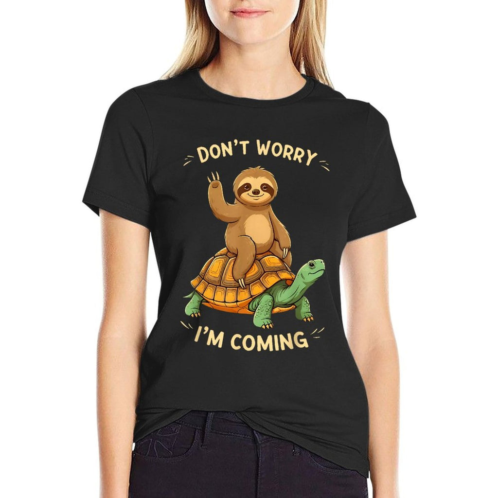 Sloth Riding Turtle Funny Dont Worry Im Coming Distressed  Cotton T-Shirt