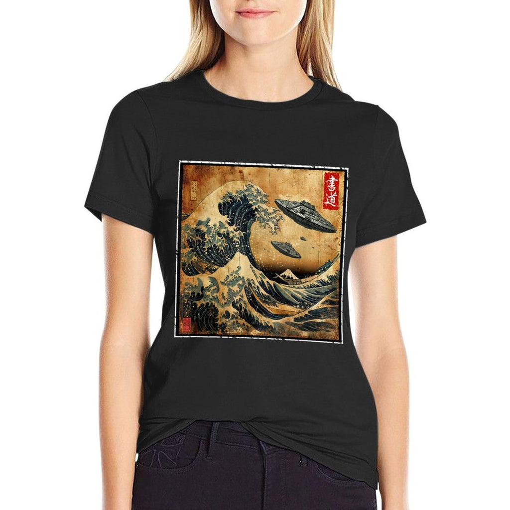 The Great Wave Off Kanagawa And UFO Ships Japanese Vintage  Affordable Price T-Shirt