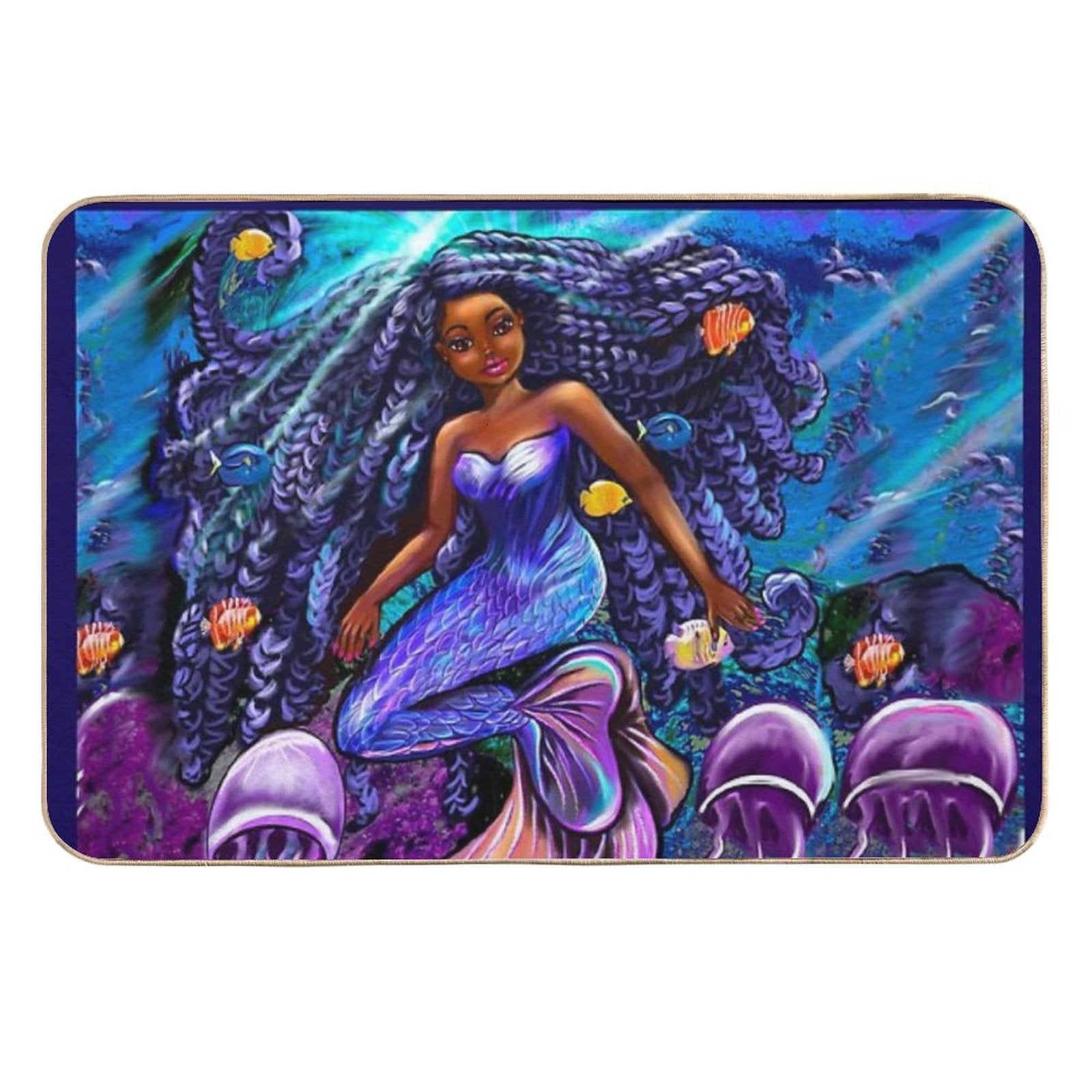 Mermaid Underwater with Flowing Shimmering Blue Black Braids 2 Fish And Jelly Fish  , Brown Eyes Curly Afro Hair And Caramel Bro  Stain-Proof Bath Mat