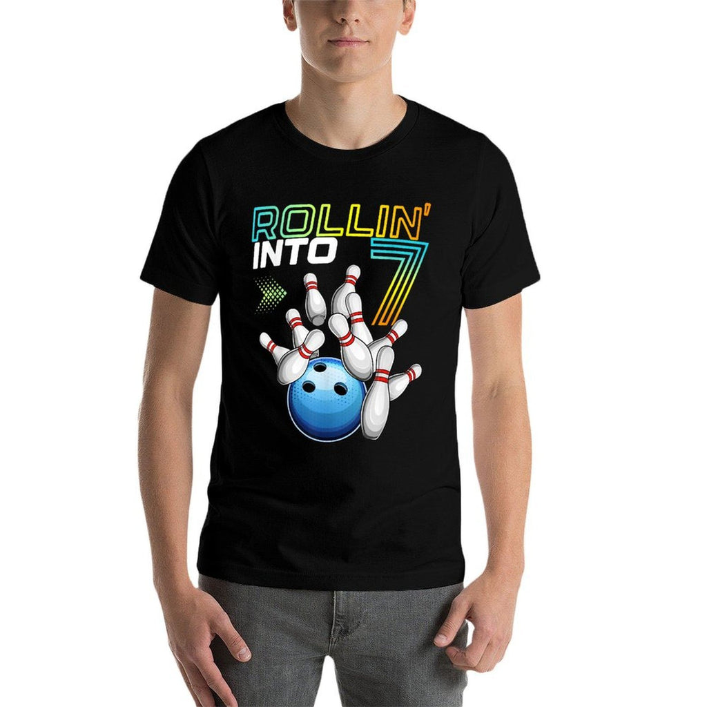 Rollin Into 7 Retro Bowling Birthday Party 7th Birthday  Wrinkle-resistant T-Shirt