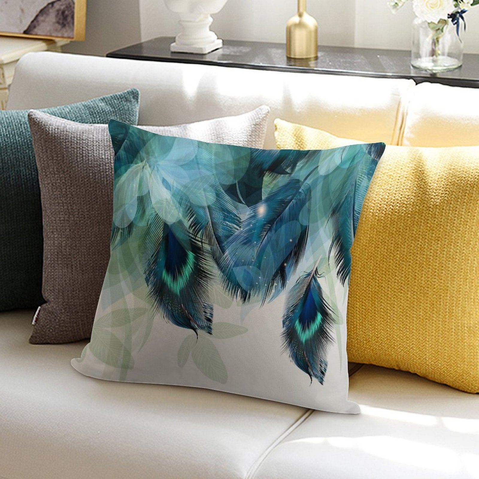 Peacock Feathers Turquoise Soft Shrink-Resistant Throw Pillow