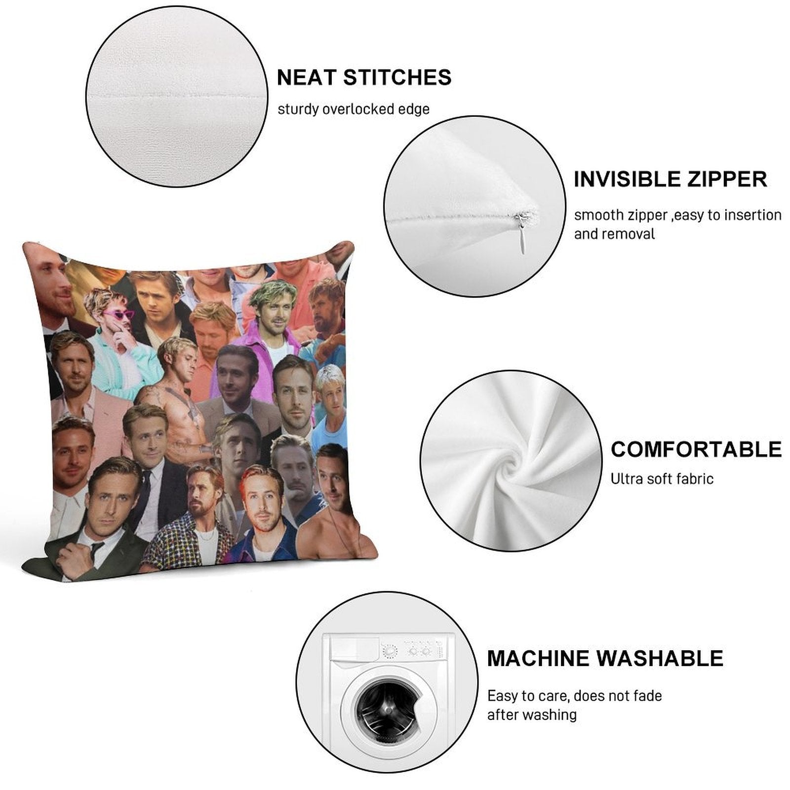 Ryan Gosling Photo Collage Soft Gift Ready Throw Pillow