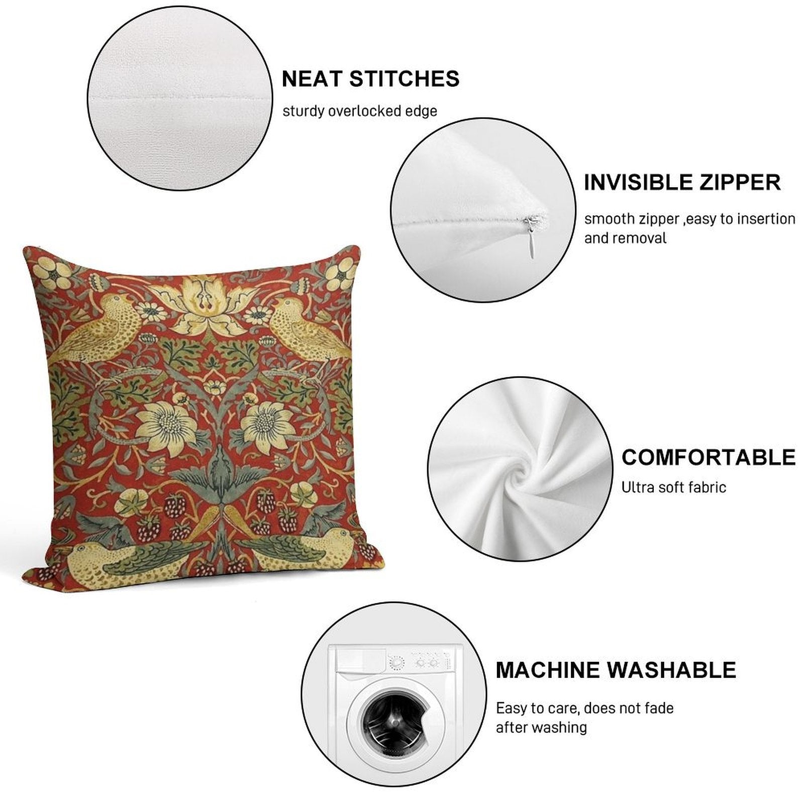 William Morris Birds Floral,red Soft Bedroom Essential Throw Pillow