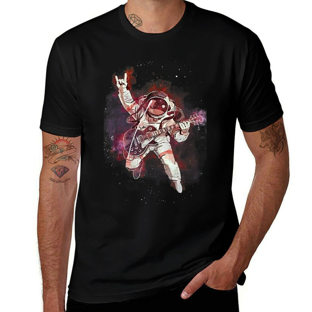 Space Astronaut Playing Guitar Astronomy Electric Guitarist  Rolled Sleeves T-Shirt