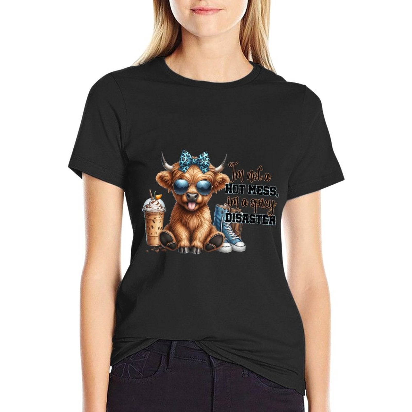Womens Cute Highland Cow Im Not A Mess Funny Positive Cow  Heathered Texture T-Shirt