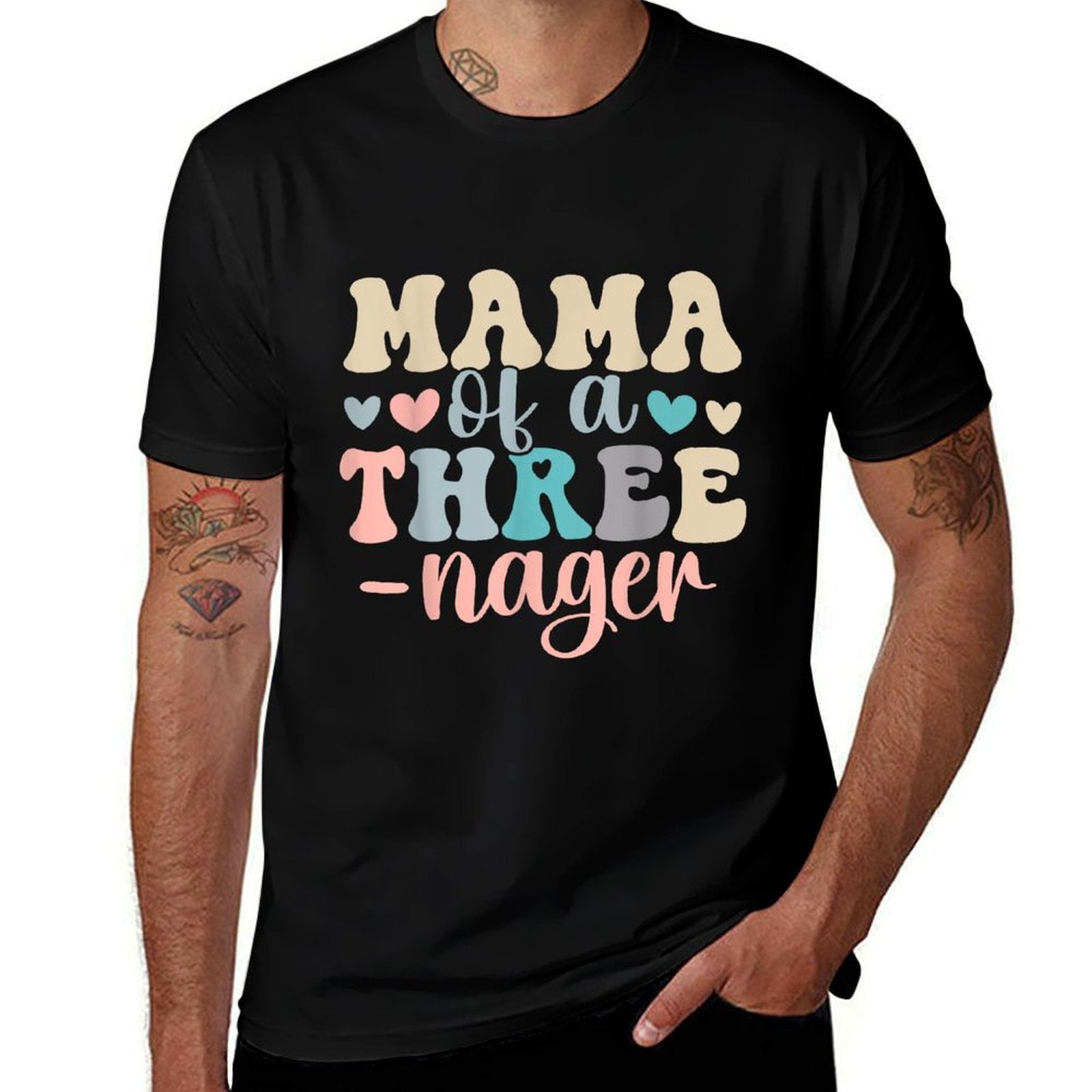 Mama Of A Threenager 3rd Birthday Matching Family Boho  Rolled Sleeves T-Shirt