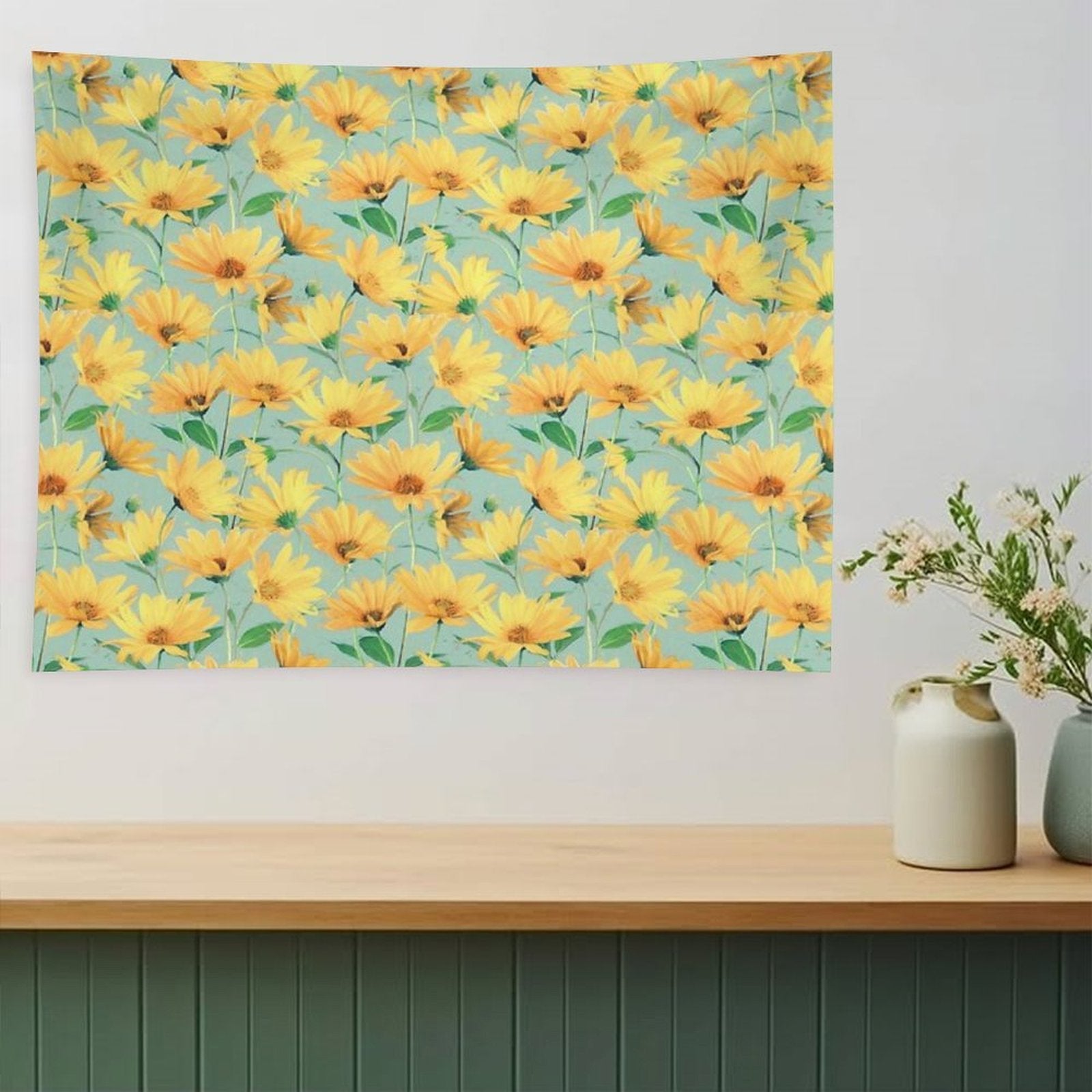 Painted Golden Yellow Daisies on Soft Sage Green Tapestry