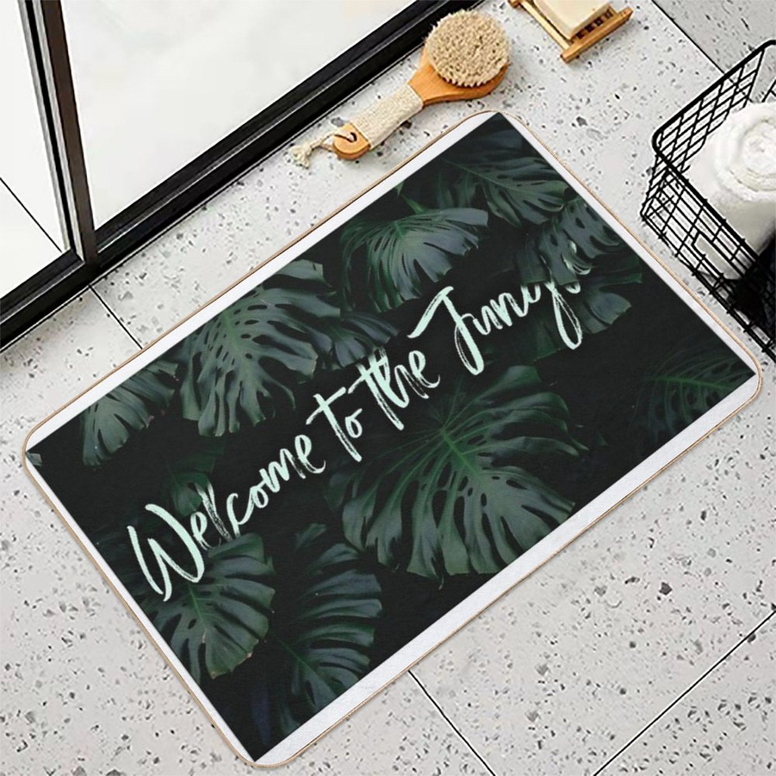 Welcome to The Jungle  Tropical Digital Collage  Repositionable Bath Mat