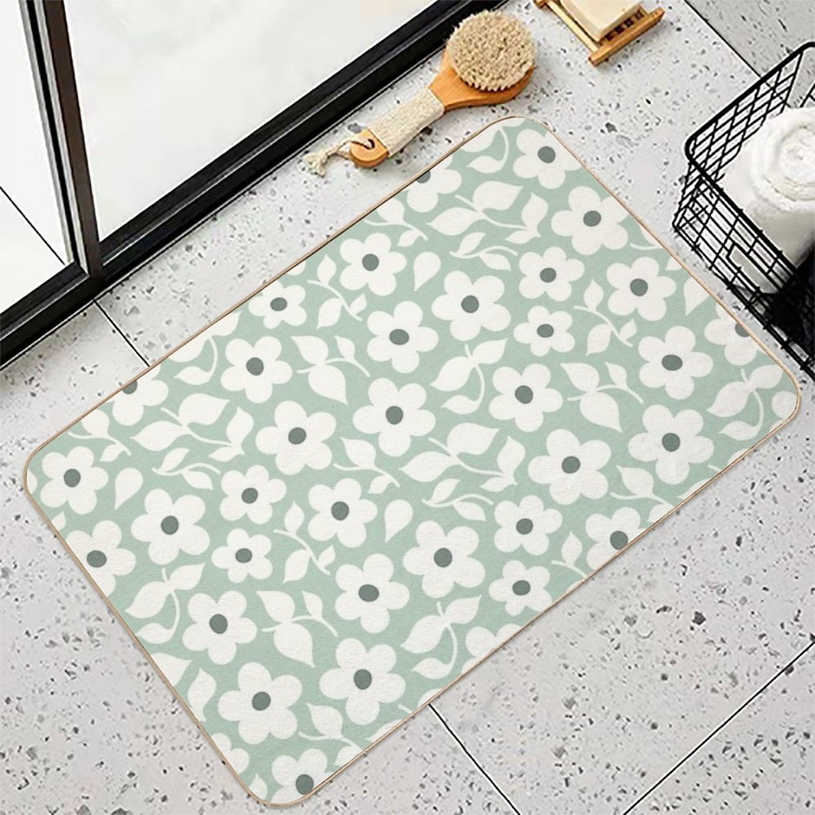 Bold Retro Daisy Flowers – Sage Green – Playful Floral Design  Rapid-Drying Bath Mat