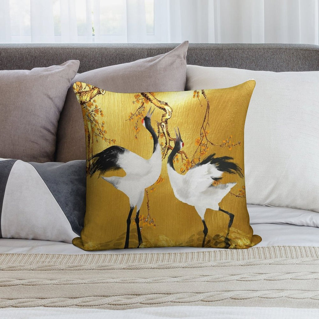 Golden Cranes Japanese Art Soft Fade-Resistant Throw Pillow