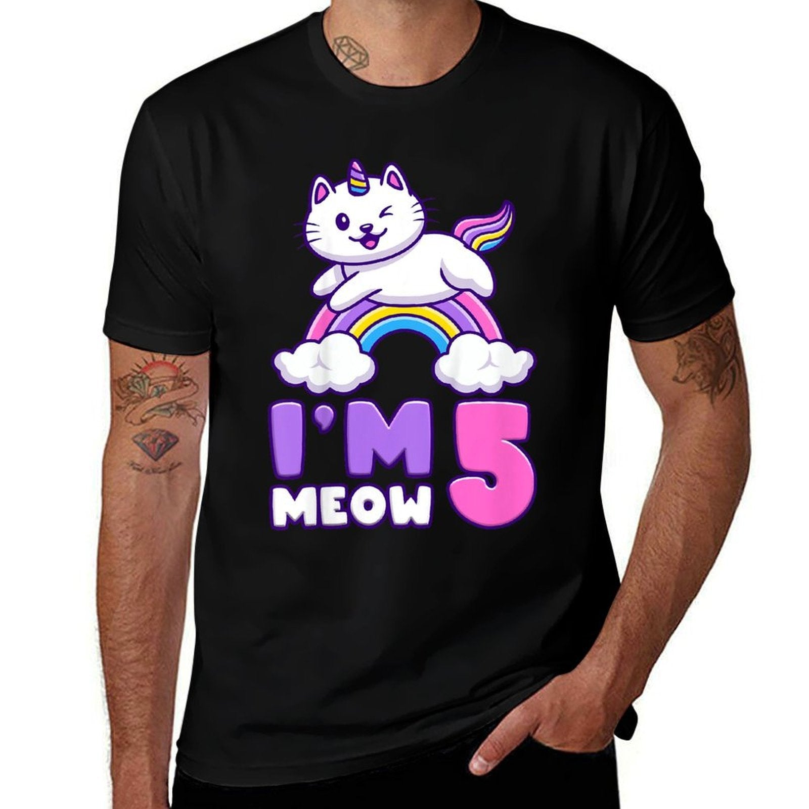 Kids Birthday Girl 5 Years Old, Cat, Unicorn, 5th Birthday  Trendy Pattern T-Shirt