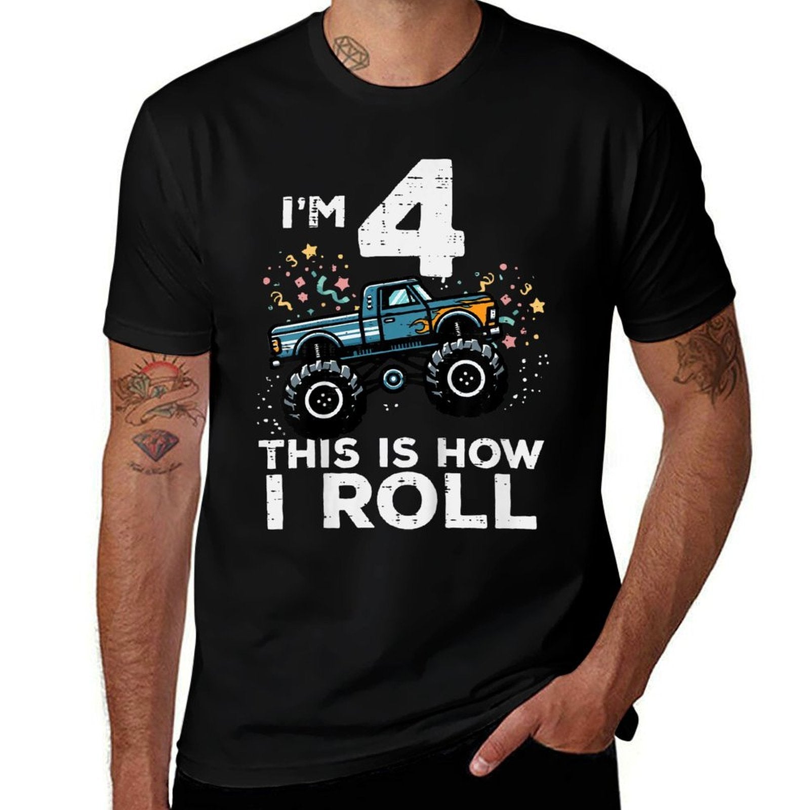 Kids Im 4 Monster Truck This How I Roll 4th Birthday Boys Kids  Ribbed Collar T-Shirt