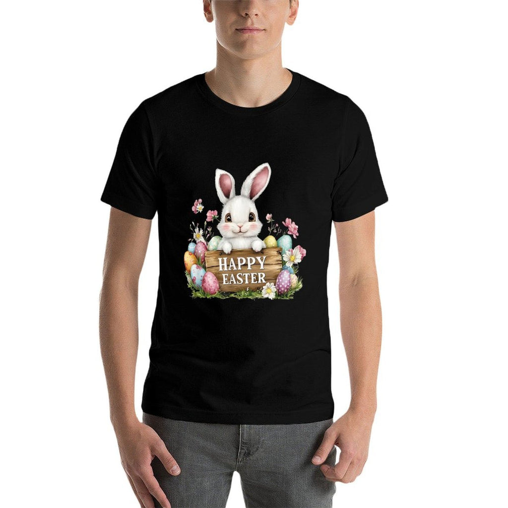 Cute Bunny With Happy Easter Sign  Colorful Easter Eggs  Soft T-Shirt