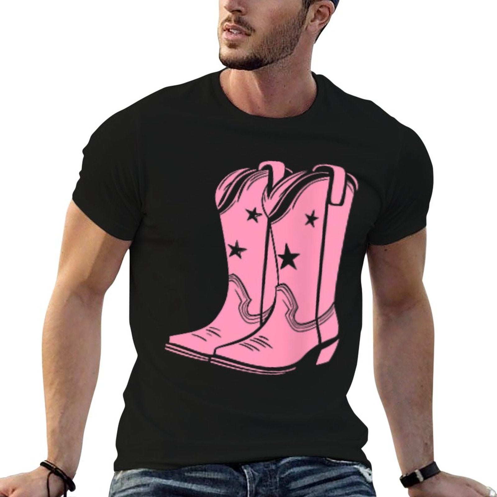 Pink Cowboy Boots Cowgirl Boho Style Western  Breathable T-Shirt