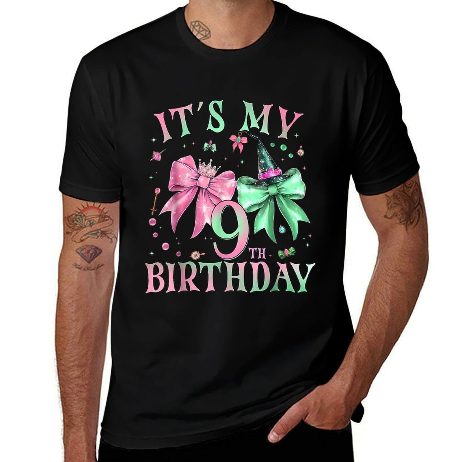It's My 9th Birthday Witch Pink And Green 9 Year Old  Tagless Design T-Shirt