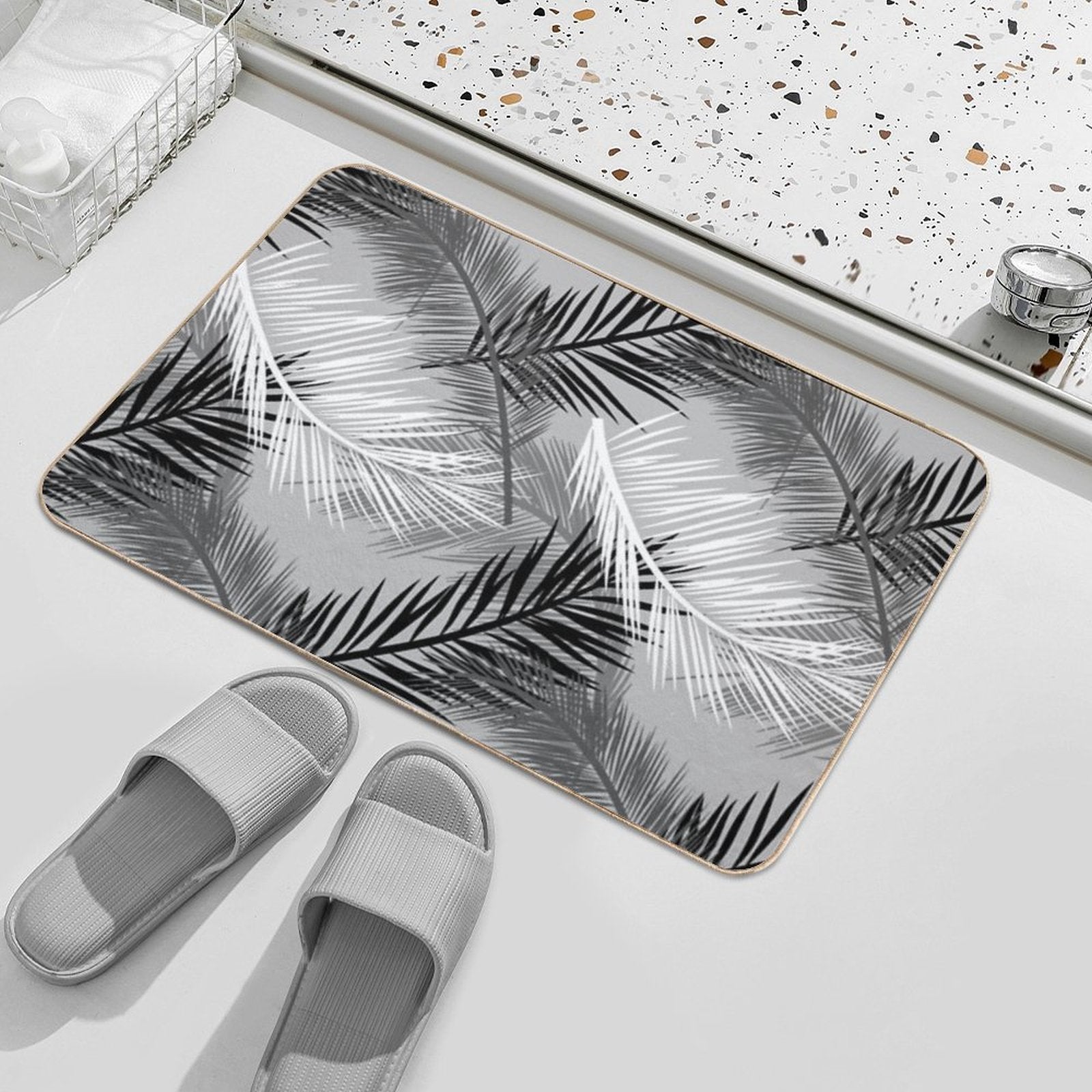 Palm Leaf Print, Gray, Black And White  Fade-Resistant Bath Mat