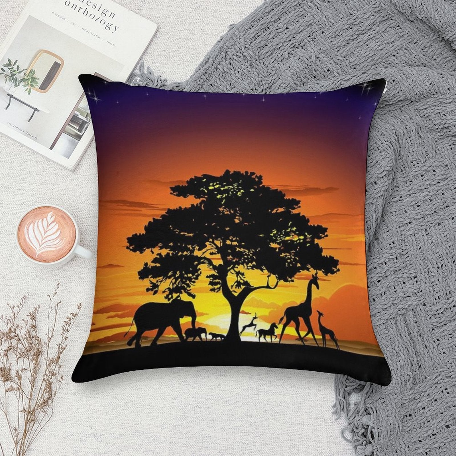 Wild Animals on African Savanna Sunset Soft High-Density Material Throw Pillow
