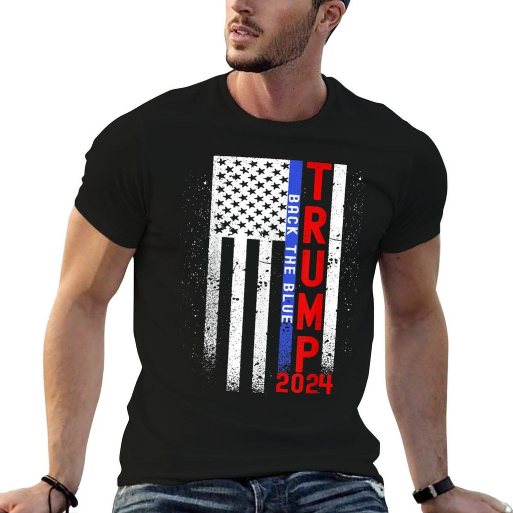 Trump 2024 Back The Blue Thin Blue Line American Flag  Heathered Texture T-Shirt
