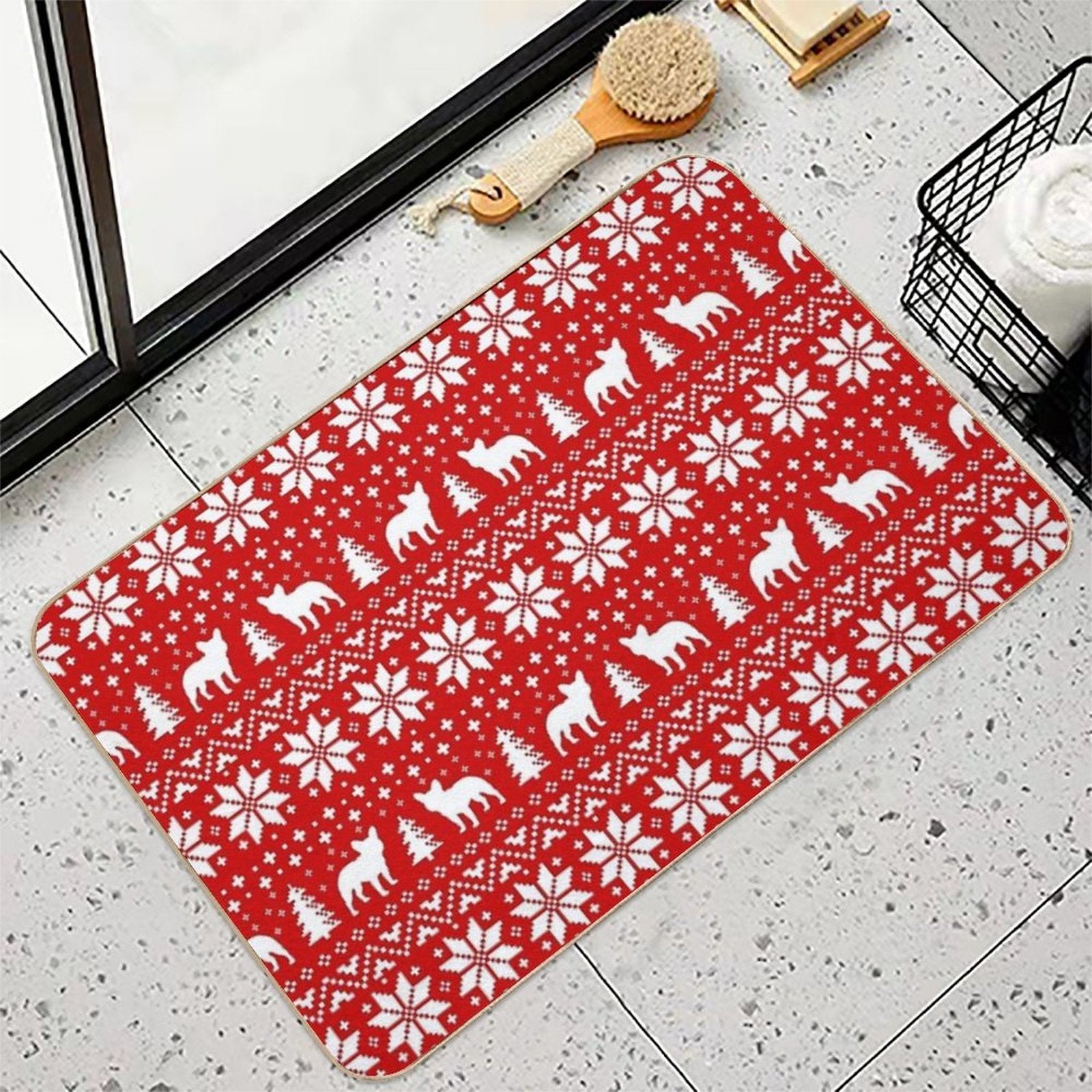 French Bulldog Silhouettes Christmas Holiday Pattern  Long-Lasting Bath Mat