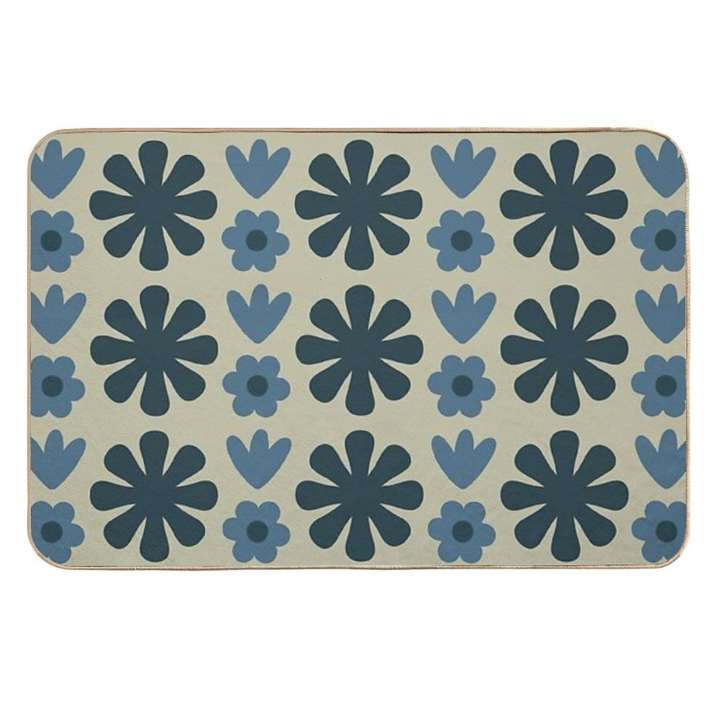 Scandi Floral Grid Retro Pattern in Vintage Blue And Beige  Long-Lasting Bath Mat