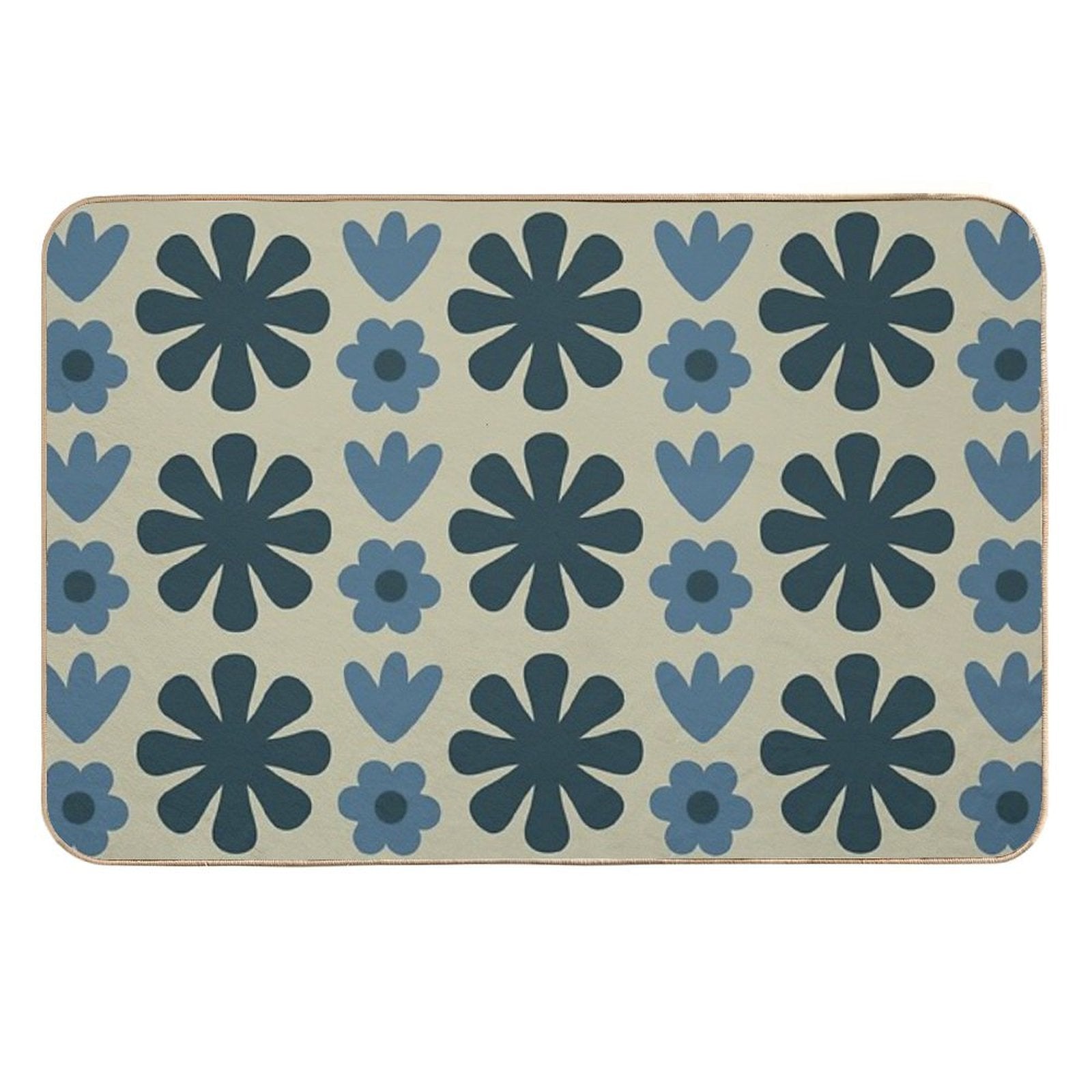 Scandi Floral Grid Retro Pattern in Vintage Blue And Beige  Long-Lasting Bath Mat