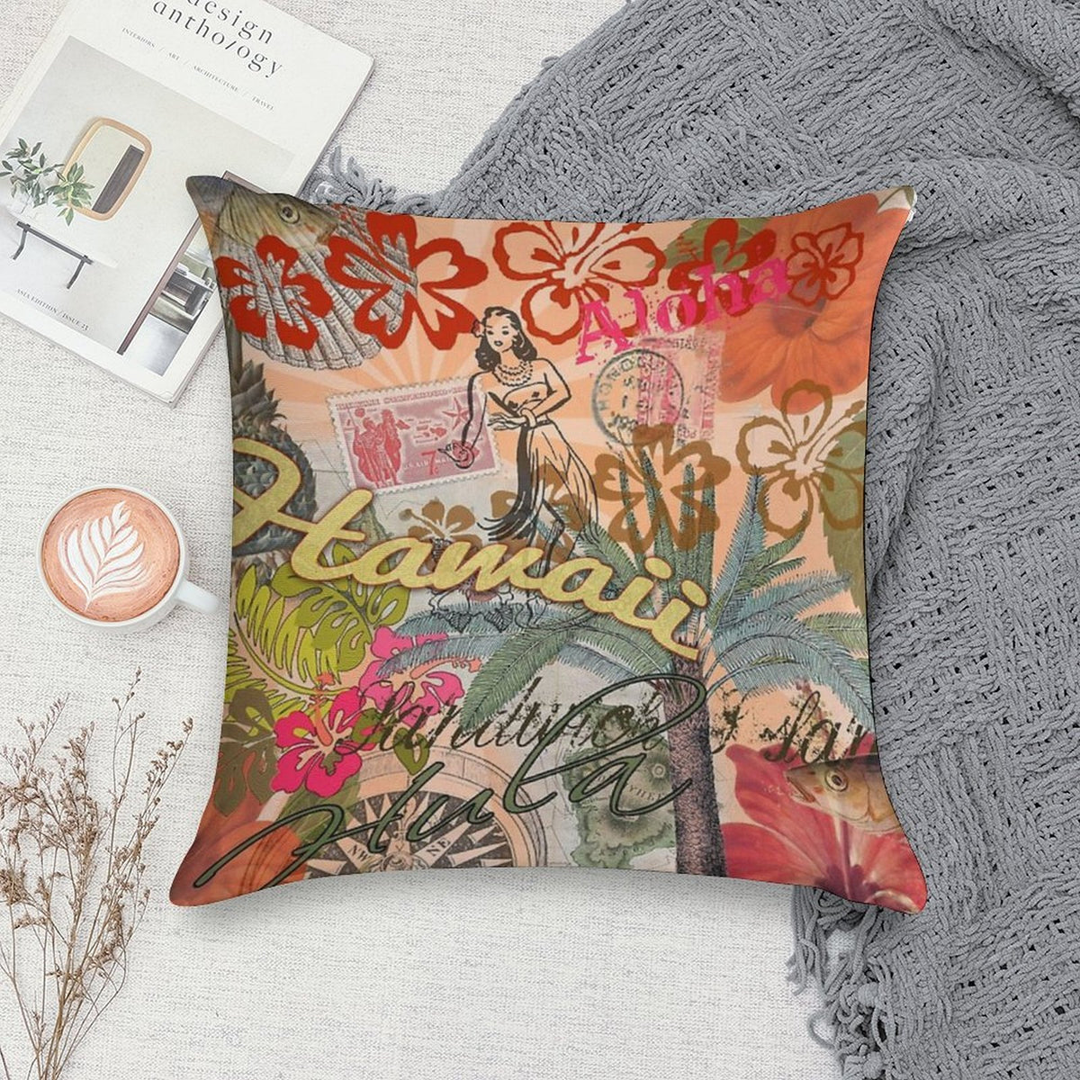 Vintage Hawaii Travel Colorful Hawaiian Tropical Collage Soft Ultra-Soft Texture Throw Pillow