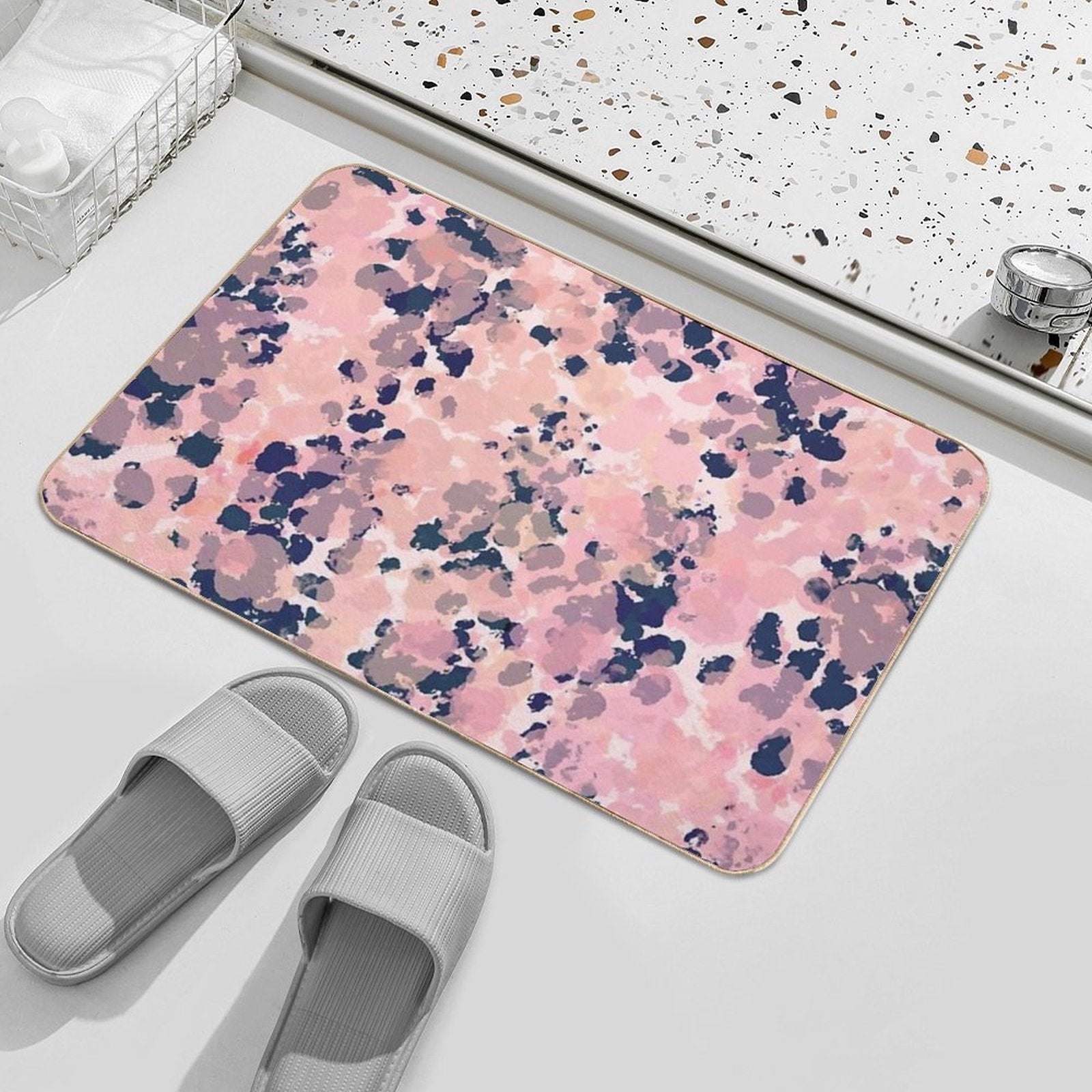 Smudgy Painted Abstract Pattern in Navy Blue, Pink, Taupe, And Blush  Repositionable Bath Mat