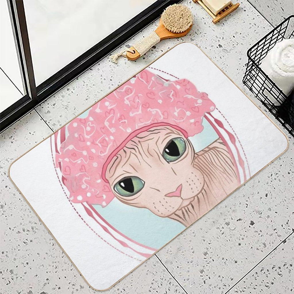 Hairless Sphynx Cat Wearing A Pink Shower Cap  Versatile Bath Mat
