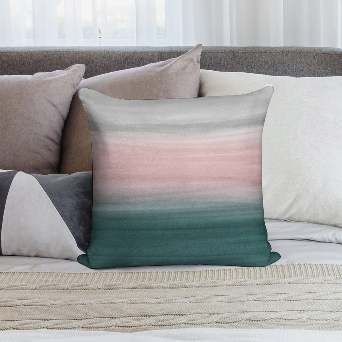 Touching Teal Blush Gray Watercolor Abstract #1 #painting #decor #art Soft Home Decor Throw Pillow