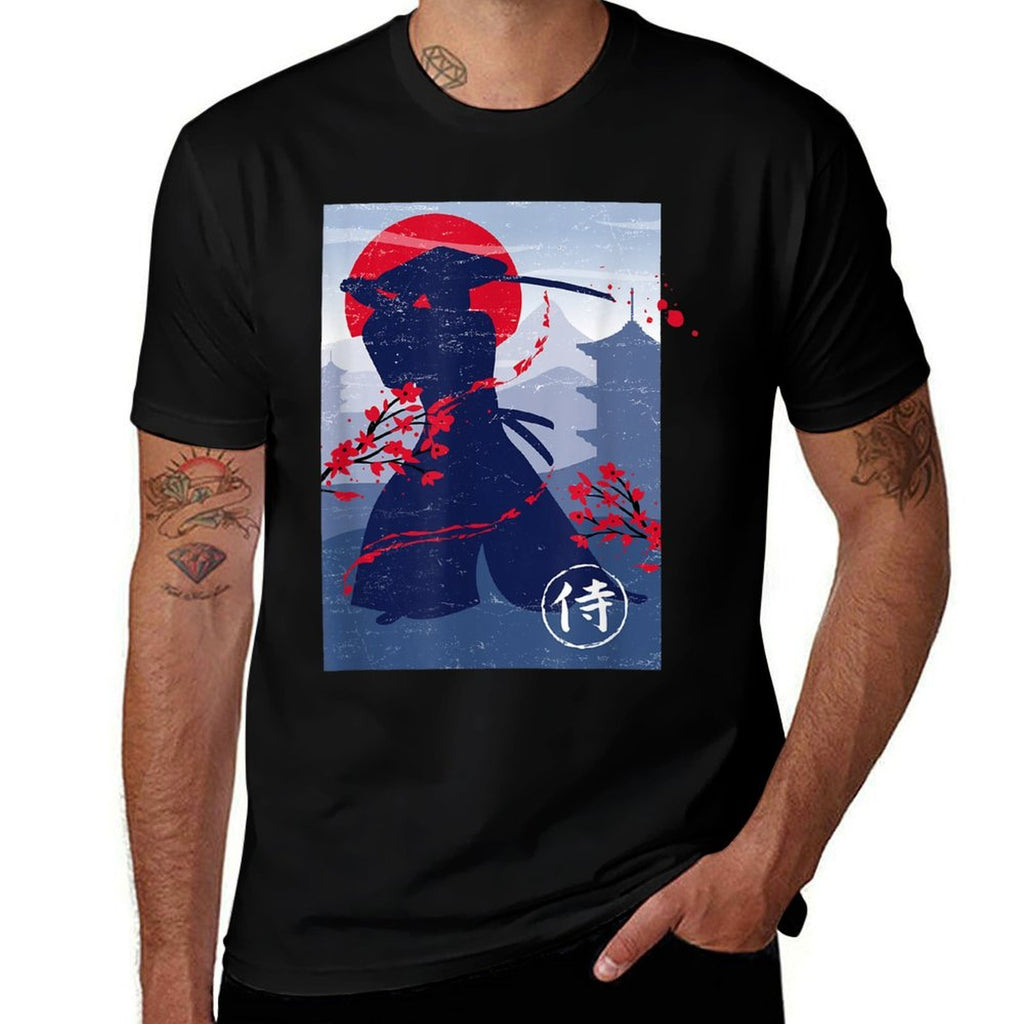 Japanese Samurai Swordsman  Ribbed Collar T-Shirt