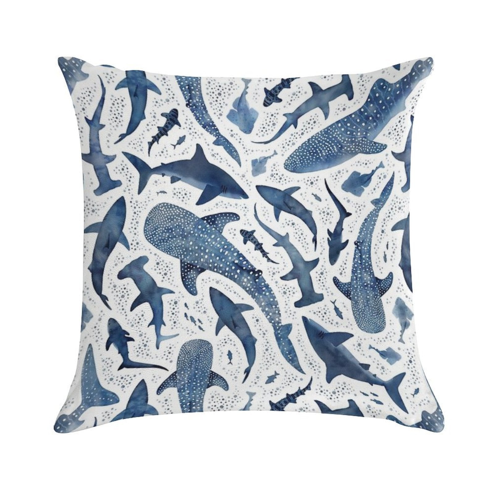 Monochrome Blue Watercolour Shark Ocean on White Soft Skin-Friendly Throw Pillow