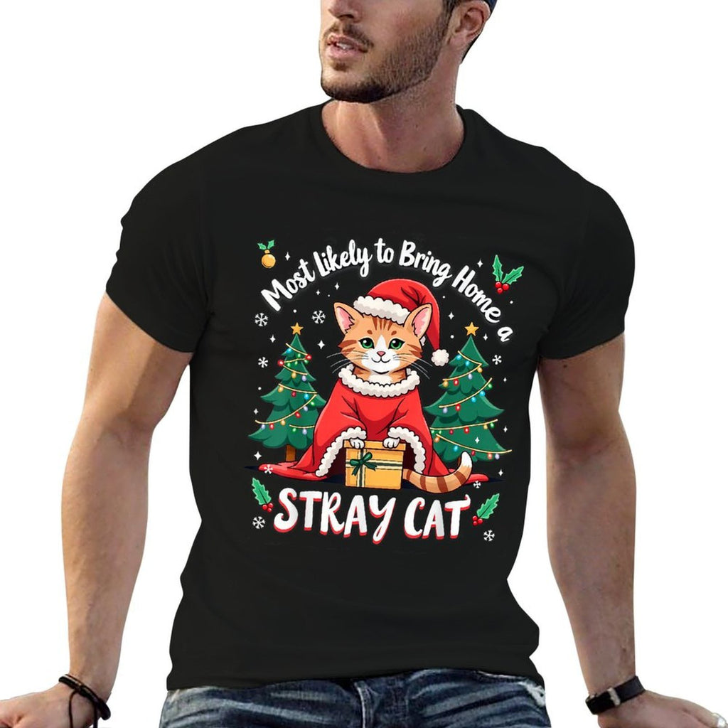 Most Likely To Bring Home A Stray Cat Christmas Santa Hat  Ribbed Collar T-Shirt