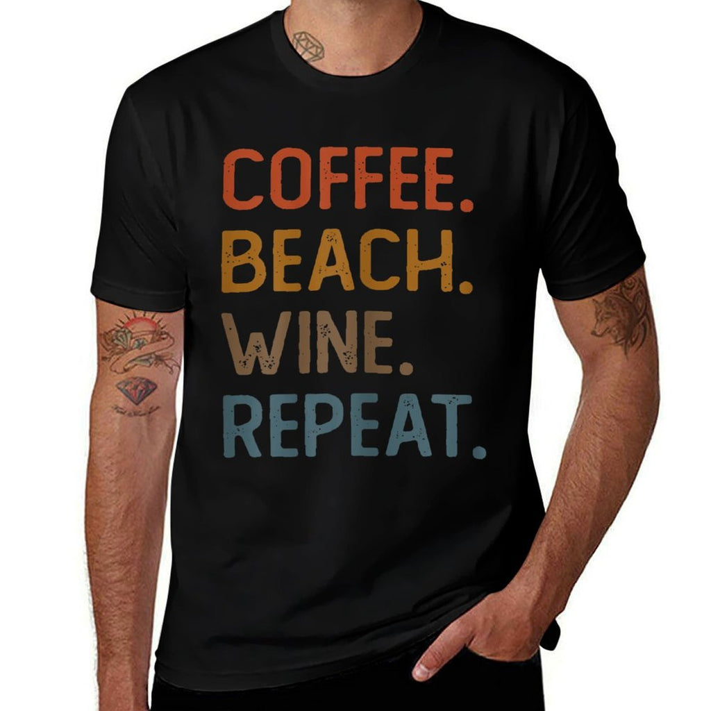 Coffee Beach Wine Repeat Funny Wine Coffee Beach Summer  Ribbed Collar T-Shirt